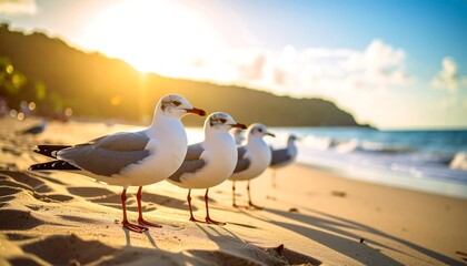 Four seagulls stand on a sandy beach at sunset, ocean waves gently lapping the shore