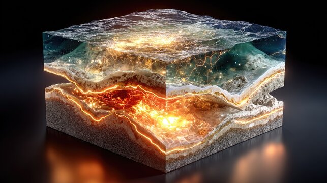 Luminous cross-section of earth's layers in a cube