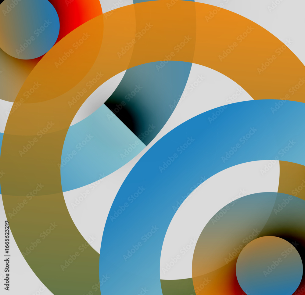 Poster abstract composition featuring overlapping circles, curved shapes, vibrant colors. modern design, dy