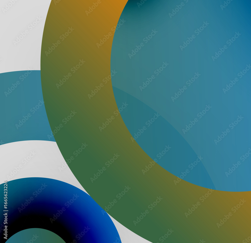 Poster abstract composition featuring overlapping circles. colors include blue, orange, green, white. soft 