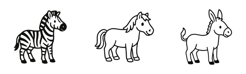 Obraz premium Cute zebra horse and donkey cartoon line art for kids coloring book isolated on white background, generative ai