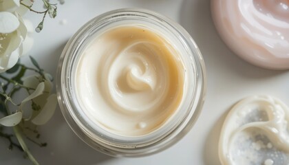 Luxurious Cream Swirl in Glass Jar with Delicate White Flowers and Soft Lighting.