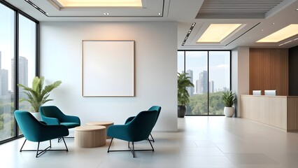 Modern office interior with blank poster mockup on wall and seating area with city view and reception desk in daylight. 3D Rendering. 3D Rendering