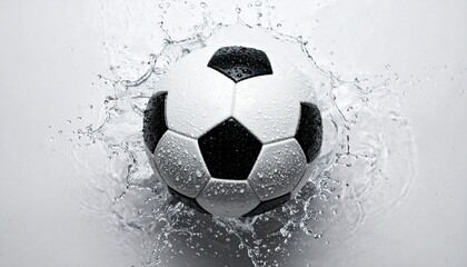 Soccer ball suspended mid-air with water splash creating a dynamic visual effect