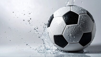 Fototapeta premium Soccer ball with water splashing against a white background in a dynamic studio shot