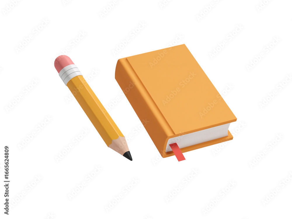 Poster stylized 3d rendering of a textbook and pencil illustration on an isolated transparent background