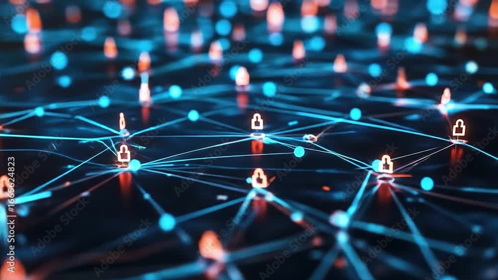 Poster cybersecurity illuminated network with connected padlock icons showcasing data protection