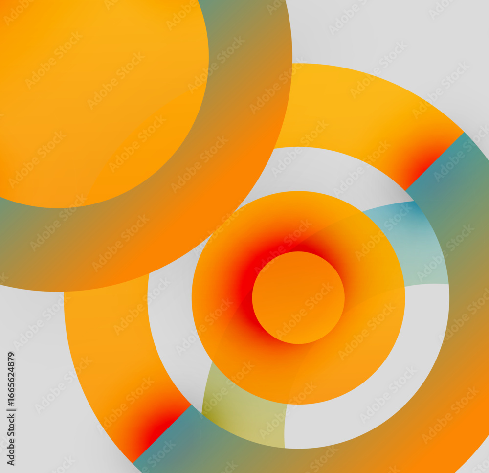Poster abstract composition featuring overlapping circular shapes. orange, teal, white hues create dynamic 