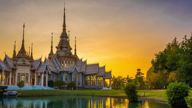 Timelapse of Wat Non Kum or Wat Luang Pho To in Sikhio District, Nakhon Ratchasima, Korat, Thailand is a symbolic place of temples in Thailand. At sunset, there is a reflection in the water.