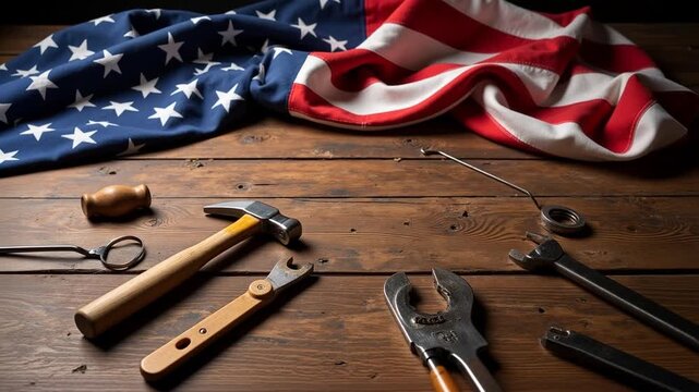 Celebrating Labor Day weekend with American flag and vintage tools on rustic wood for patriotic projects