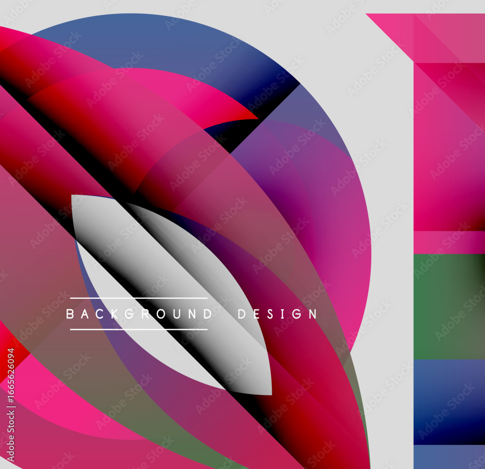 Poster abstract colorful shapes overlap. dynamic composition features gradients, curves, lines. modern desi