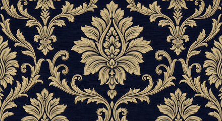 Classic seamless damask ornament with golden acanthus leaves on a dark navy blue fabric texture.