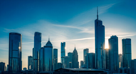 Fototapeta premium Urban Skyline Silhouetted Against a Clear Blue Sky