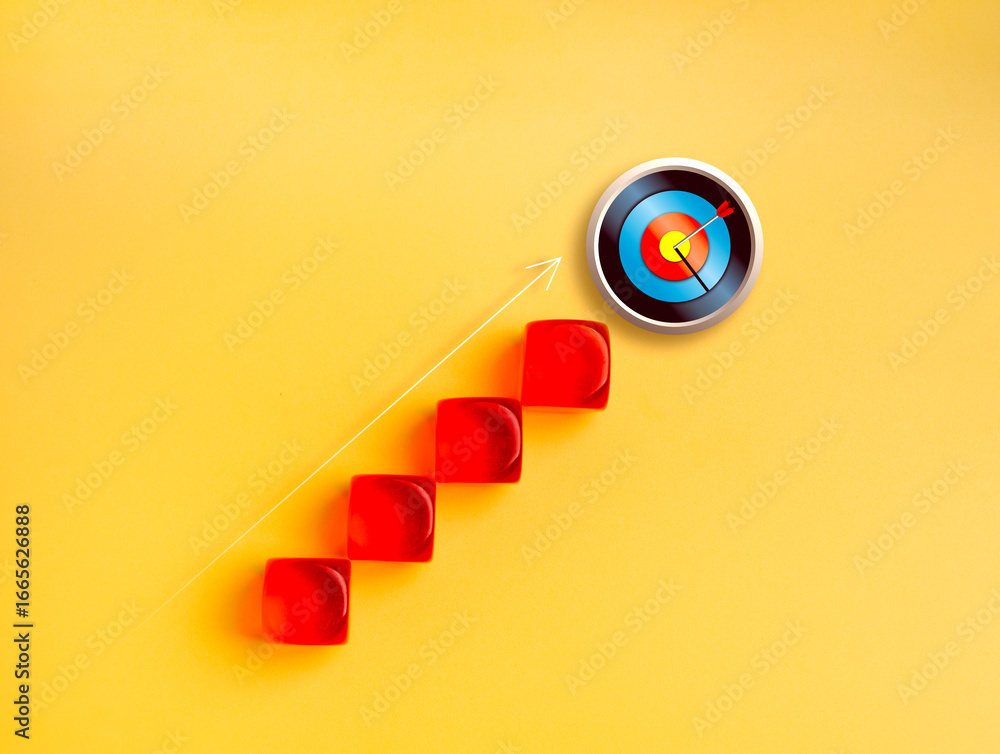 Poster red blocks forming upward stairs leading to 3d target with arrow hit bullseye on yellow background. 