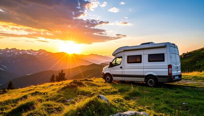 A white camper van parked on a grassy hilltop during sunset, overlooking layered mountain peaks under a vibrant sky of orange, pink, and purple&mdash;evoking freedom, solitude, and the romance of van life.