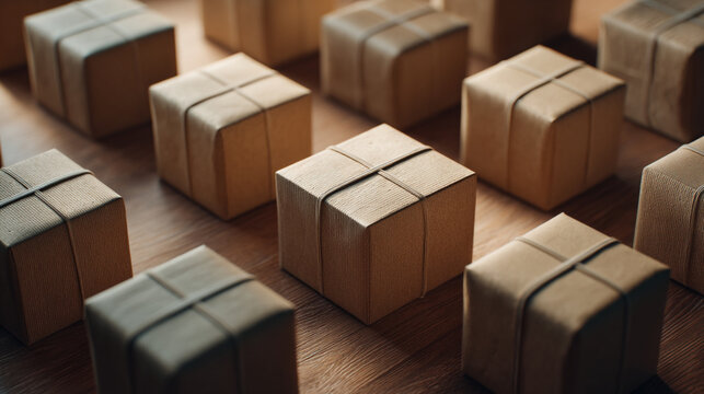 A close up view of many brown cardboard boxes tied with string on a wooden surface pattern