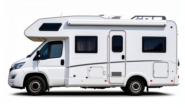 A white cab-over motorhome parked in a minimal studio setting, showcasing its side profile with clean lines, utility compartments, and travel-ready design&mdash;evoking mobility, simplicity, and road trip l