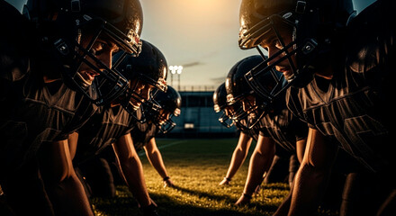 American Football Players in a Huddle on the Field