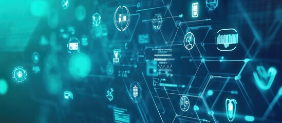 Futuristic digital network with glowing icons connecting data and information flow