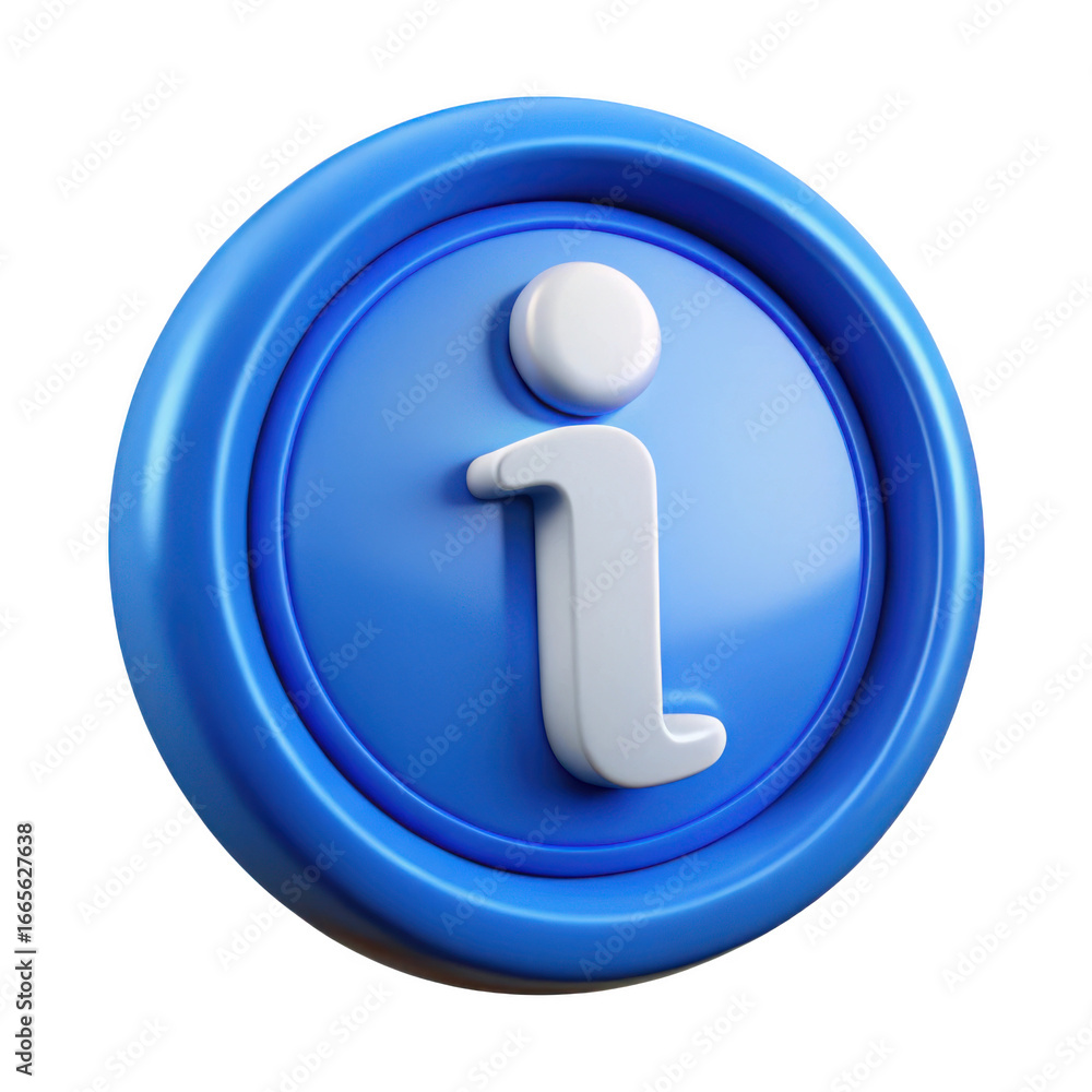Poster 3d glossy blue circle with information 'i' symbol icon representing knowledge and help transparent b