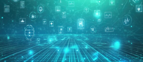 Futuristic medical technology interface with digital healthcare data network concept