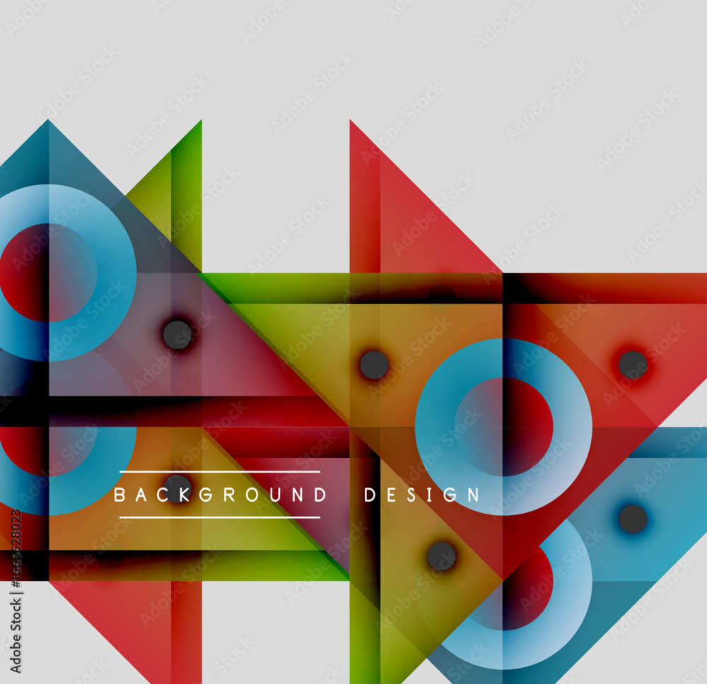 Poster abstract geometric shapes overlap, creating vibrant colorful design. circles, triangles, squares for