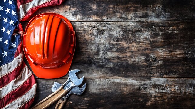 Labor day background with american flag hardhat and wrench on wood top - Powered by Adobe