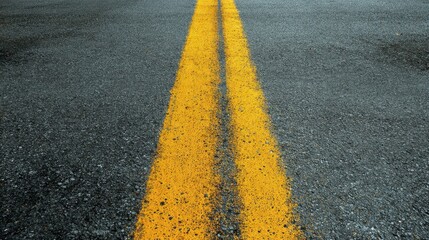 A closeup reveals a worn asphalt road with two parallel faded yellow lines running down the center