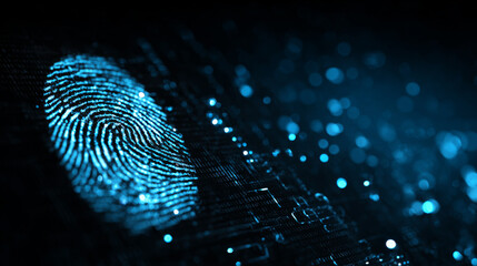 Digital blue background featuring illuminated fingerprint, symbolizing security and technology. image evokes sense of innovation and protection