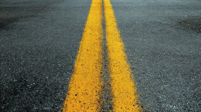 A closeup reveals a worn asphalt road with two parallel faded yellow lines running down the center