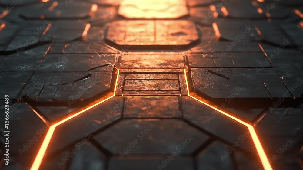 Poster lowangle closeup of a dark textured geometrically patterned surface highlighted with bright orange g