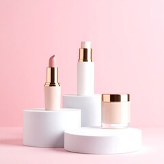 Cosmetics Displayed on Pink Background