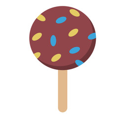 Chocolate lollipop candy with colorful sprinkles, cartoon sweet dessert illustration, tasty sugar treat design, fun and festive food.
