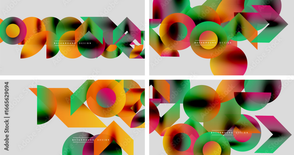 Poster abstract colorful shapes overlap creating dynamic compositions. gradients blend orange, green, yello