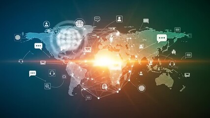 Global communication network map illustrating digital connections and interactions across continents - Powered by Adobe
