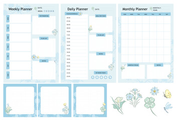 Set of printable daily, weekly, monthly and notes taking planner journal tracker organiser sheets in blue flower design.Hand drawn vector illustration.