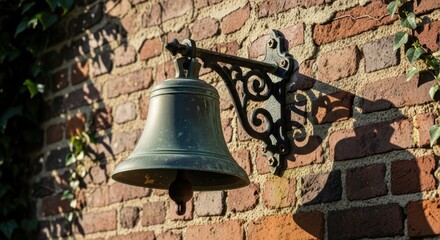 Obraz premium Vintage cast iron bell mounted on a aged brick wall bathed in sunlight