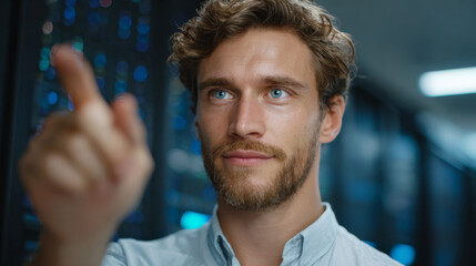 Data Specialist at Work: A focused individual in a high-tech server room, their gesture towards the data center hints at their specialized understanding of complex technology.