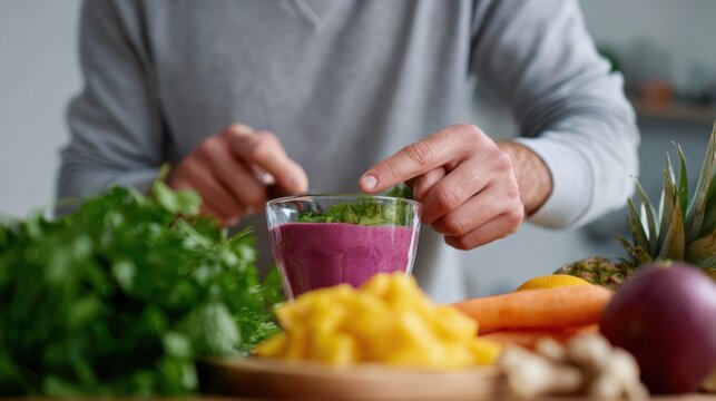 A man preparing a colorful smoothie bowl in a bright kitchen, natural ingredients, health-focused