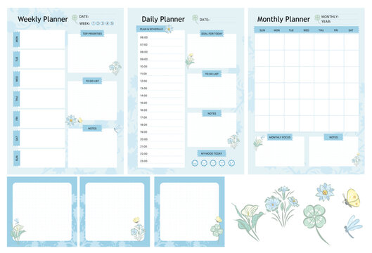 Set of printable daily, weekly, monthly and notes taking planner journal tracker organiser sheets in blue flower design.Hand drawn vector illustration.