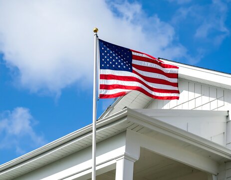 US Flag Waves with House, and Blue Sky. - Powered by Adobe