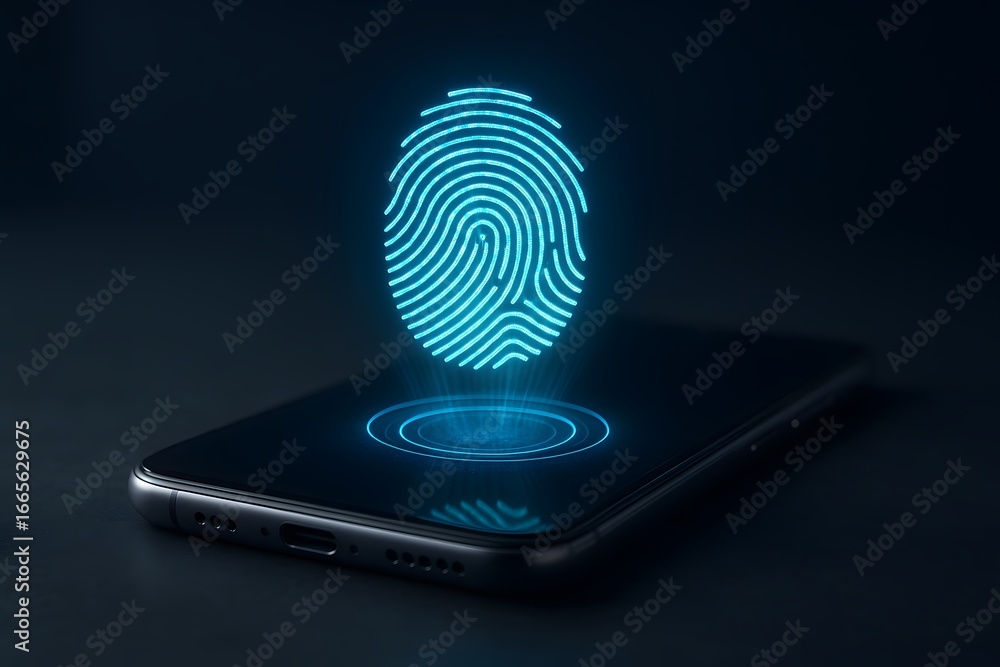Poster fingerprint scan on phone for security and identification technology access