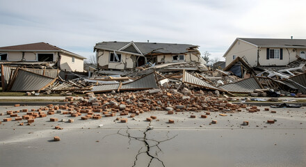 Fototapeta premium Earthquake Ruins: Cracked Road and Destroyed City Buildings Amidst Dust and Debris from Natural Disaster