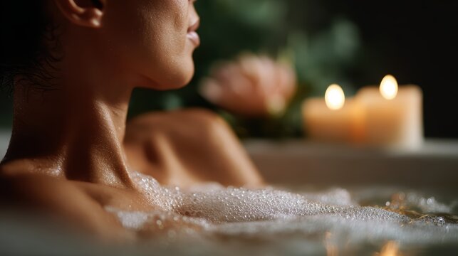 A person soaking in a bathtub with candles and essential oils, relaxation and self-care - Powered by Adobe