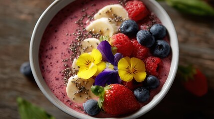 A colorful smoothie bowl topped with fresh berries, banana slices, chia seeds, and edible flowers on a rustic wooden table