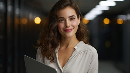 Obraz premium Tech Professional's Confident Gaze: A tech-savvy woman, poised and assured, holds a laptop in a dimly lit server room, radiating competence and modern professionalism.