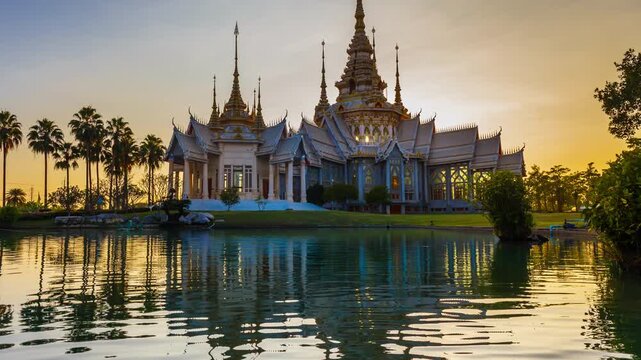 Timelapse of Wat Non Kum or Wat Luang Pho To in Sikhio District, Nakhon Ratchasima, Korat, Thailand is a symbolic place of temples in Thailand. At sunset, there is a reflection in the water.