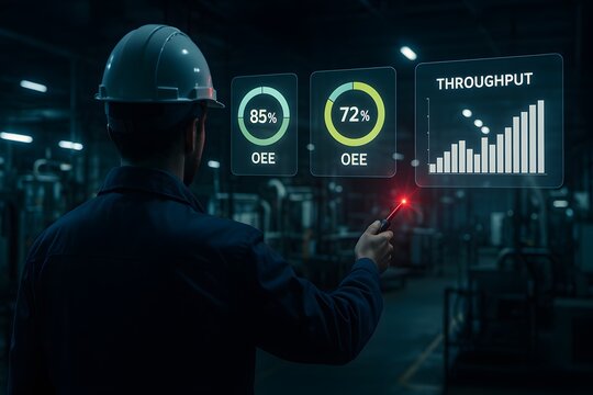 Industrial worker analyzing oee and throughput data using augmented reality tool - Powered by Adobe