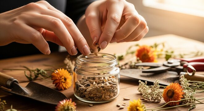  Macro view of hands meticulously sorting tiny caraway or cumin seeds into a glass jar for culinary or planting use