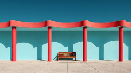 Retro-inspired facade with bright blue wall and red columns, ideal for travel campaigns, coastal getaways, fashion branding, lifestyle content, nostalgic backgrounds

